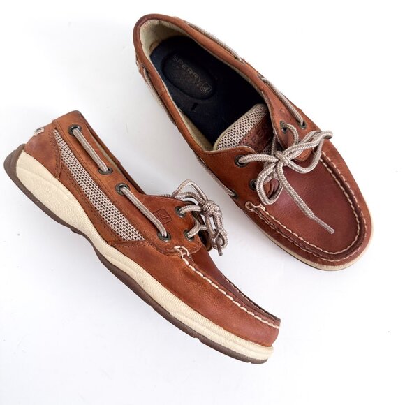 Sperry Top Sider Boat Shoes Kids Size 6 Brown Leather Mesh - Picture 1 of 8